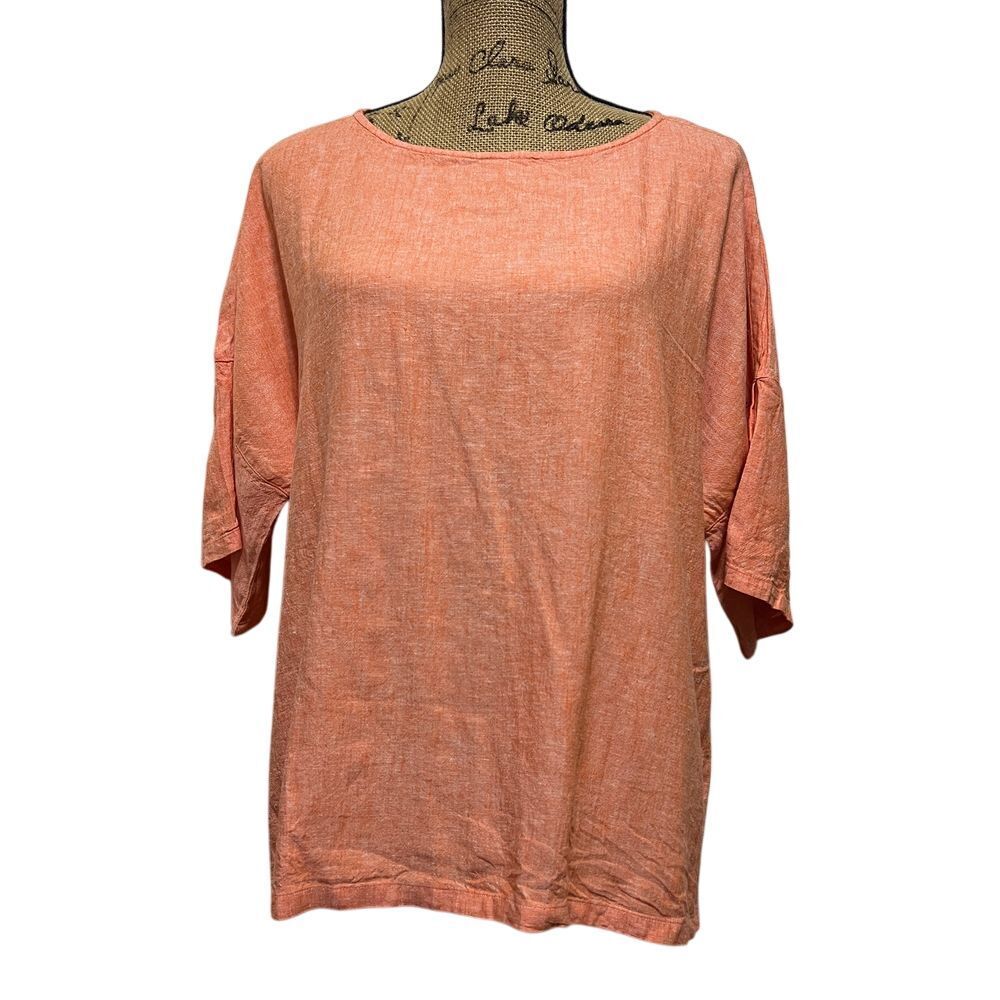 Chico's Coral Linen Blend Button Sleeve Top Casual Relaxed Fit Blouse